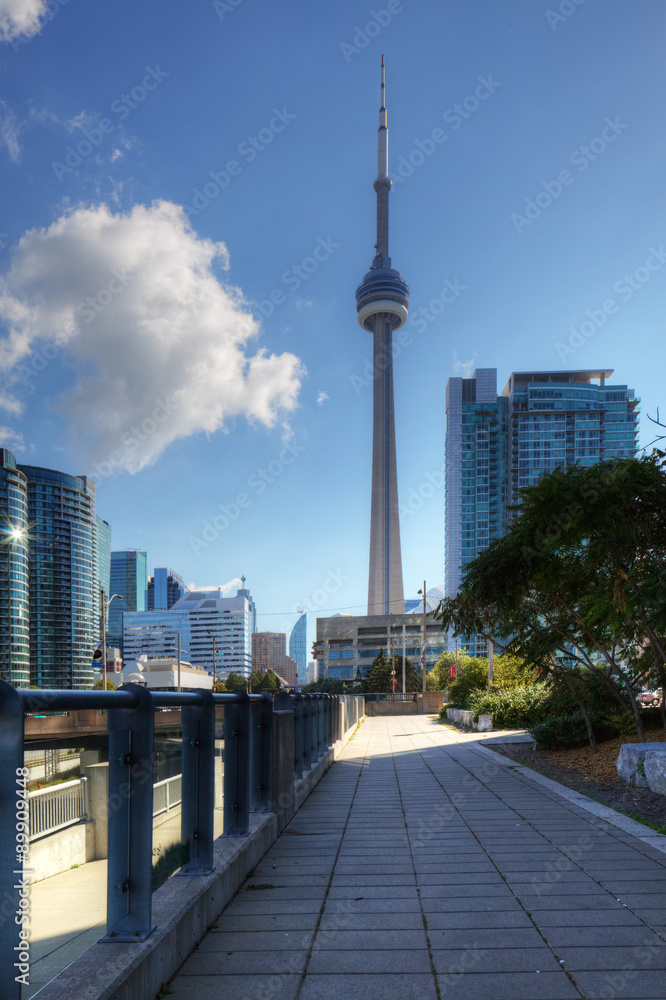 Walkway in Toronto with the CN Tower in background