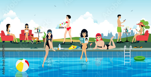 Pool party with young stay with the sky as the backdrop.
