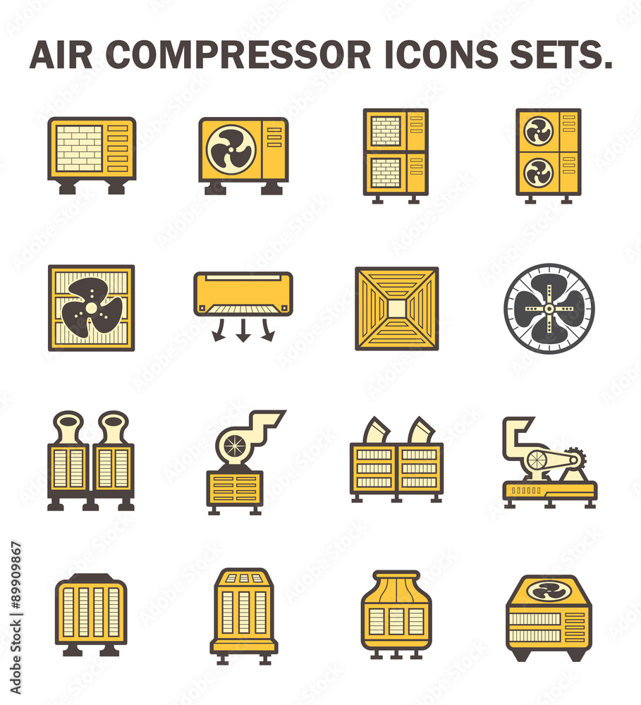 Air conditioner icon i.e. air compressor, condenser unit, ventilation, duct, cooling tower and chiller. That is a part of HVAC system to remove heat and moisture, temperature and humidity control. Air conditioner icon i.e. air compressor, condenser unit, ventilation, duct, cooling tower and chiller. That is a part of HVAC system to remove heat and moisture, temperature and humidity control.