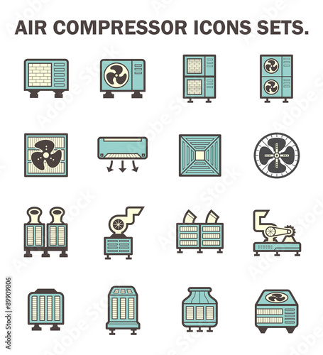 Air conditioner icon i.e. air compressor, condenser unit, ventilation, duct, cooling tower and chiller. That is a part of HVAC system to remove heat and moisture, temperature and humidity control.