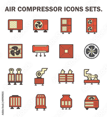 Air conditioner icon i.e. air compressor, condenser unit, ventilation, duct, cooling tower and chiller. That is a part of HVAC system to remove heat and moisture, temperature and humidity control.