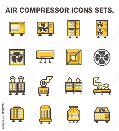 Air conditioner icon i.e. air compressor, condenser unit, ventilation, duct, cooling tower and chiller. That is a part of HVAC system to remove heat and moisture, temperature and humidity control.