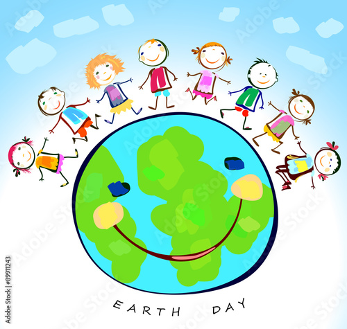 happy kids playing around the earth planet