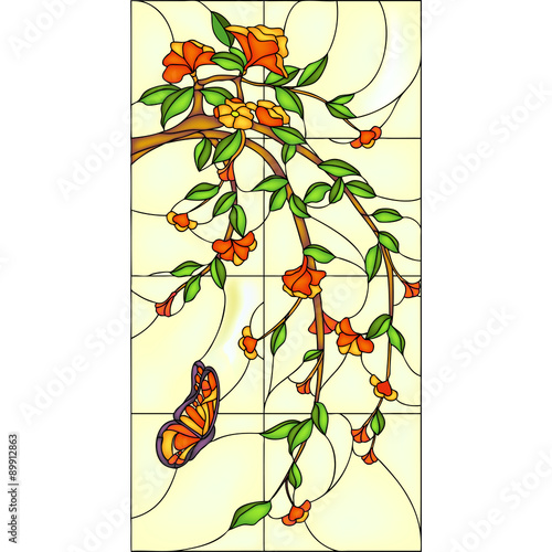 Flowers and butterfly, stained glass