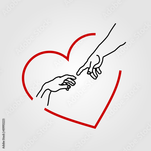 Hands showing the creation of Adam in a red heart