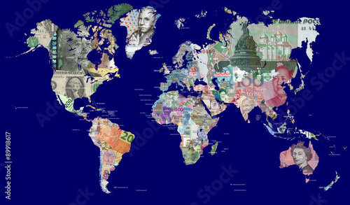 Obraz na płótnie Szczegółowa mapa świata we wszystkich walutach świata. Każdy kraj jest reprezentowany przez jeden z ostatnio wydanych banknotów. Plik o pełnej rozdzielczości ma około 30MP.