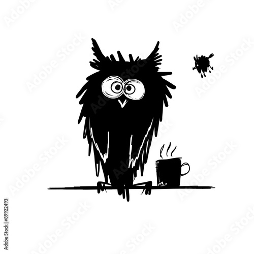Funny owl black silhouette. Sketch for your design