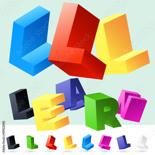 Vector 3D font of randomly rotated colourful letters. All letters in alphabet have 8 random points of view. Letter L