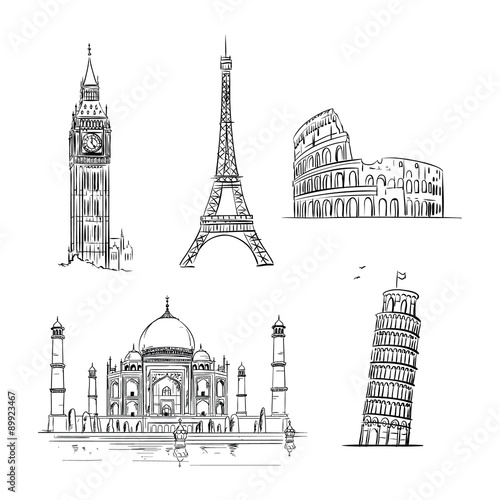 Hand drawn world landmark set. 