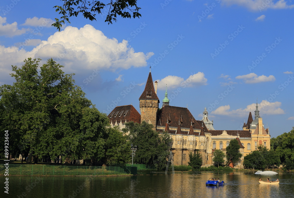 Fototapeta premium Vajdahunyad castle view from lakeside. Budapest, Hungary 
