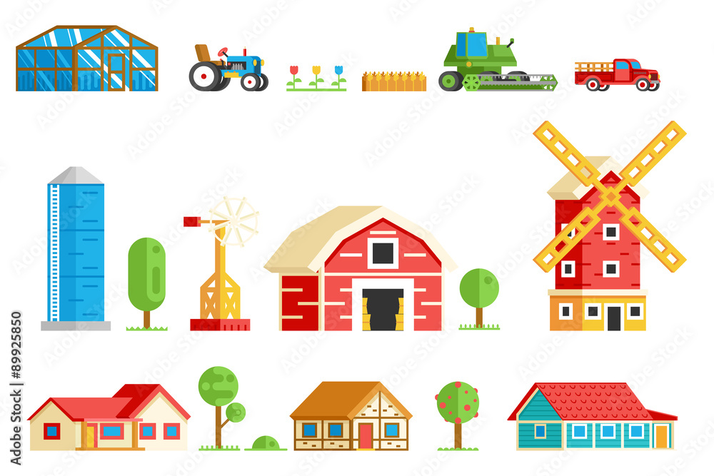Farm Village Rural Buildings Machinery Trees Icons Set Vector
