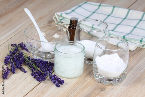 Fototapeta Naklejka Na Ścianę i Meble -  Homemade deodorant from coconut oil, sodium bicarbonate, starch & lavender