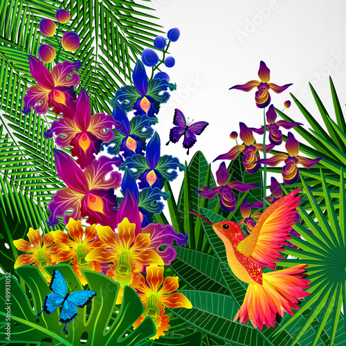 Fototapeta Naklejka Na Ścianę i Meble -  Floral design background. Tropical orchid flowers, birds.