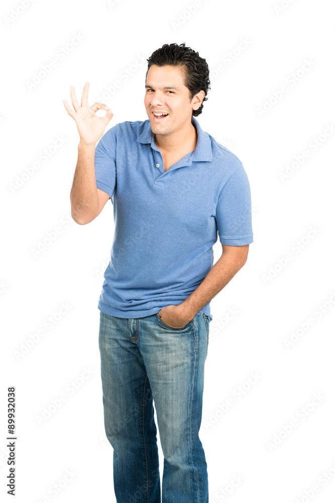 Hispanic Male Smiling OK Hand Signal Right Blue Hispanic Male Smiling OK Hand Signal Right Blue