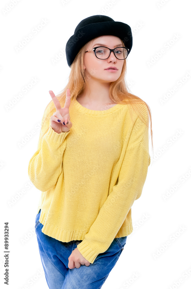Hipster girl showing victory Hipster girl showing victory