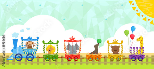 Fototapeta Naklejka Na Ścianę i Meble -  Circus Train With Background - Cute circus train with baby animals and a decorative background. Eps10