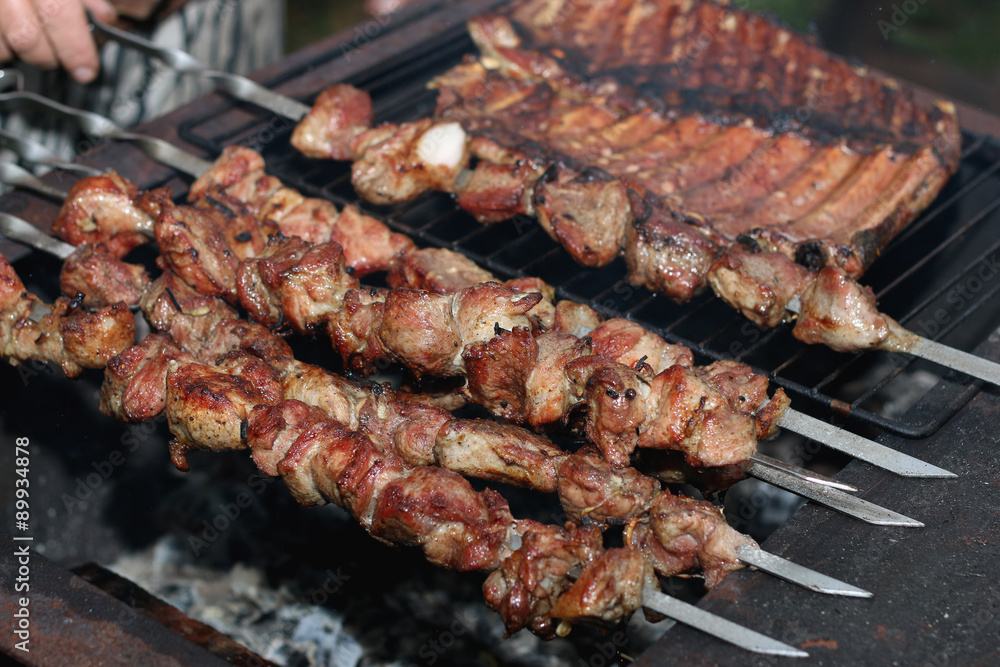 meat skewers on the barbecue coals