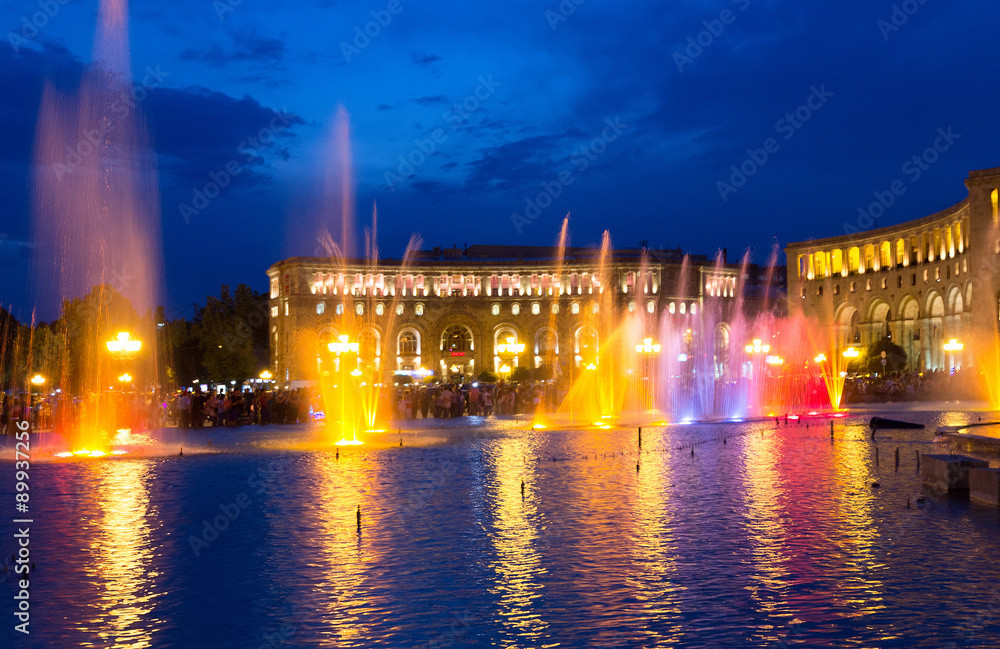 Color-musical fountains in the central Republic Square. The city Yerevan has a population of 1 million people