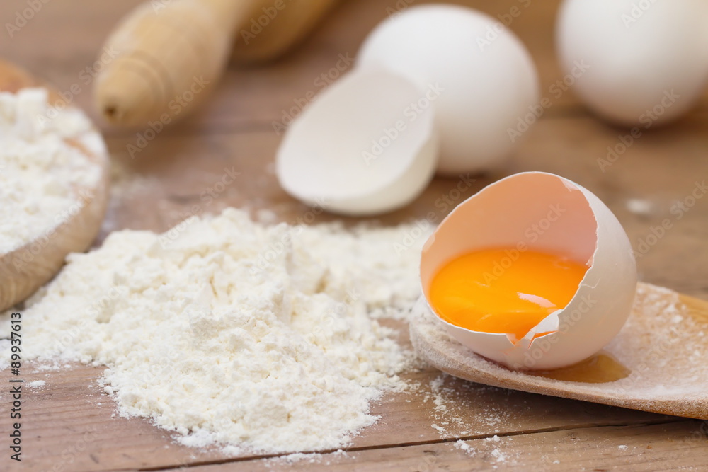 Dough preparation. Baking ingredients: egg and flour. Dough preparation. Baking ingredients: egg and flour.