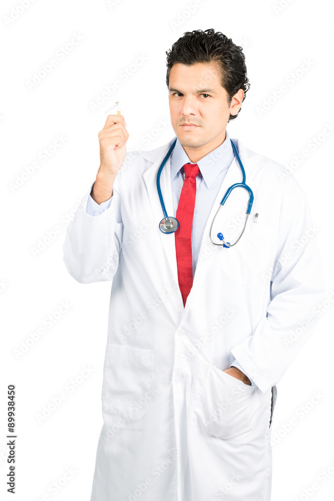 Latino Doctor Stern Holding Up Cigarette Side Latino Doctor Stern Holding Up Cigarette Side