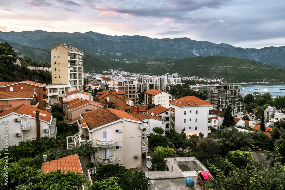 View of the resort town of Budva at sunset.