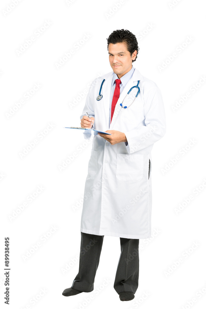 Male Latino Doctor Writing Medical Charts Shoeless Male Latino Doctor Writing Medical Charts Shoeless