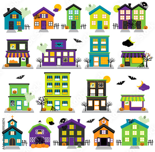 Vector Halloween Town with Haunted Houses, Shops, School, Church and Buildings
