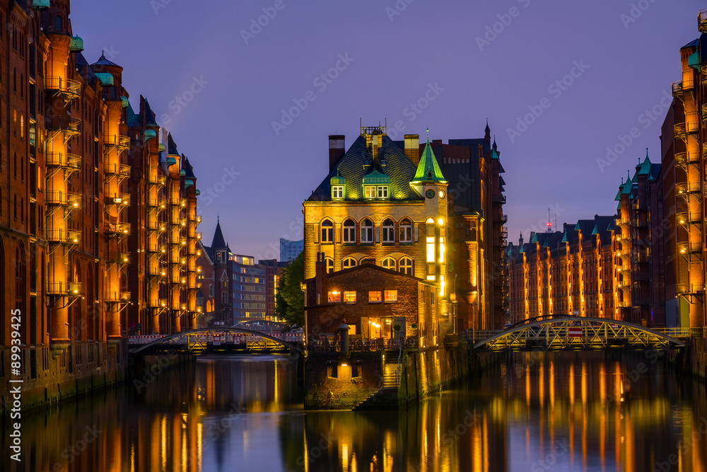 The historic Speicherstadt in Hamburg, Germany, at night