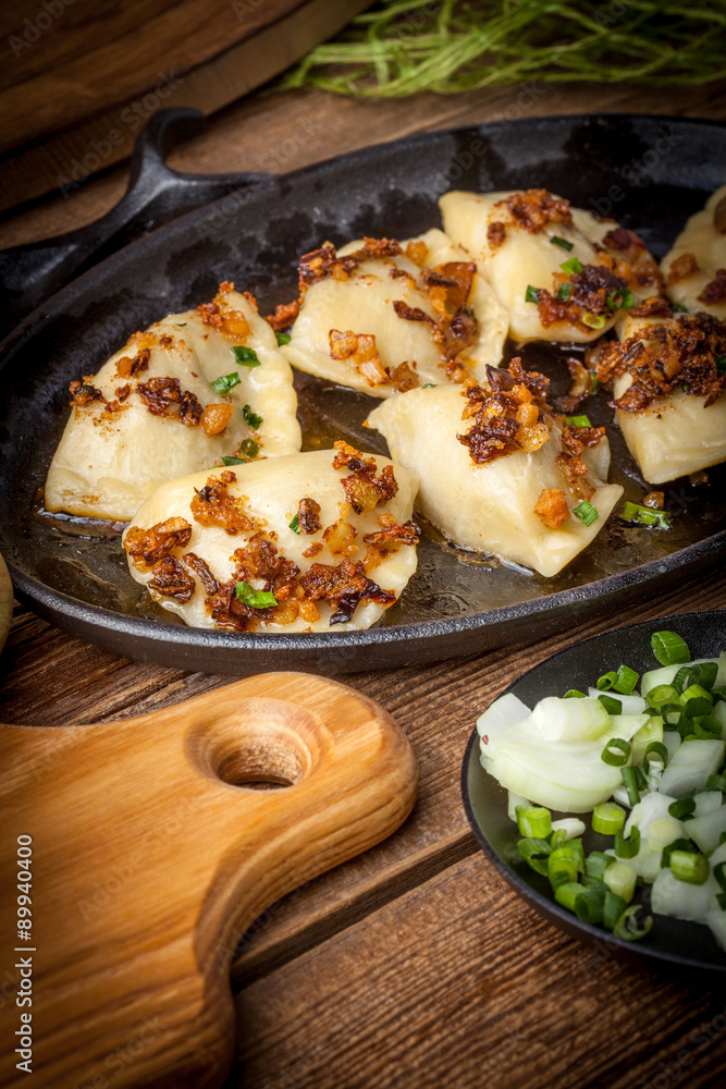 Dumplings with meat, onion and bacon. Dumplings with meat, onion and bacon.