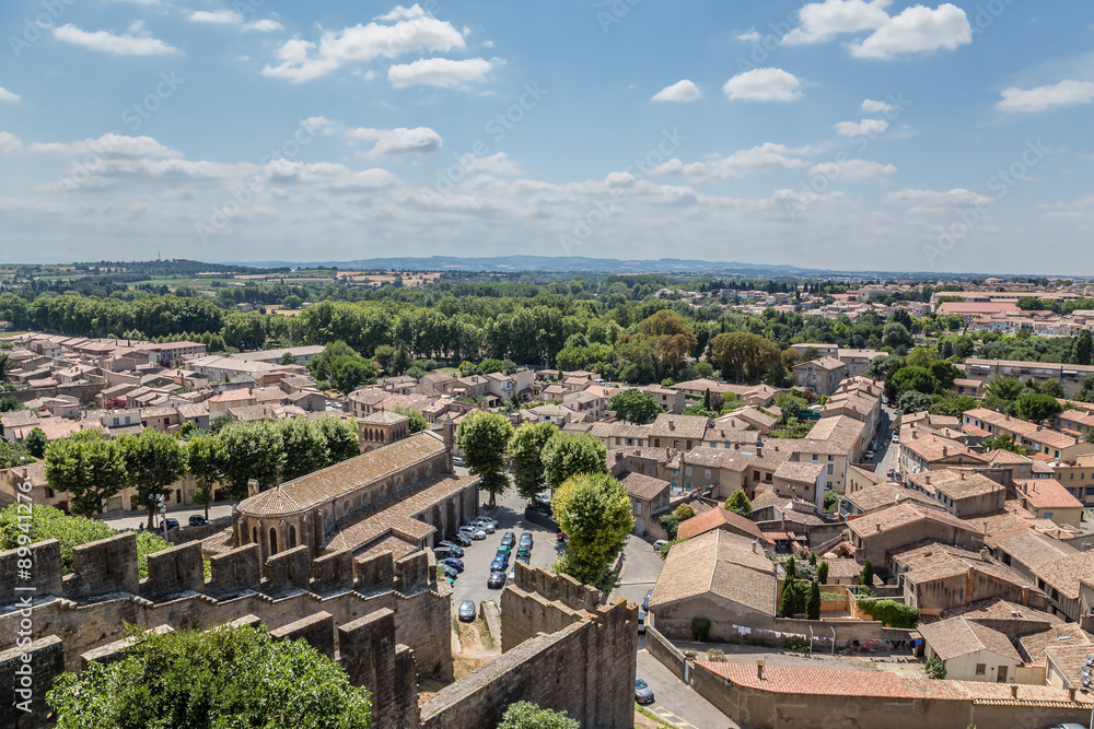 Carcassonne, France. Landscape with ancient fortifications overlooking the lower city