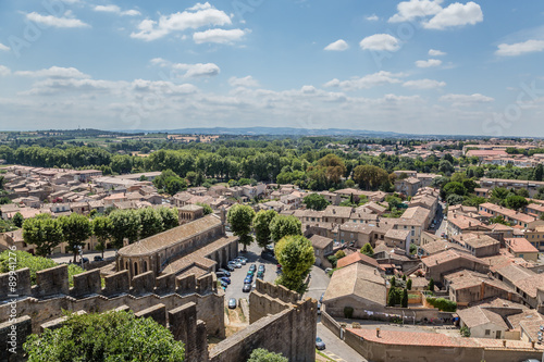 Carcassonne, France. Landscape with ancient fortifications overlooking the lower city