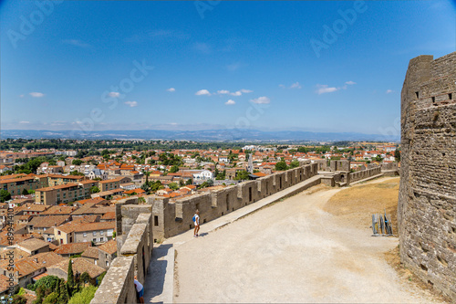 Carcassonne, France. Landscape with ancient fortifications overlooking downtown