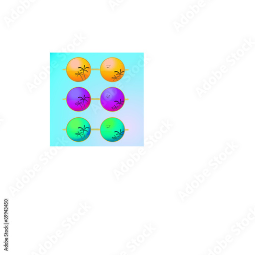 Trendy, round and vintage sunglasses with colorful lens and metal frame reflect summer palms