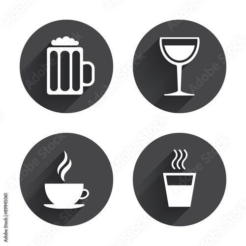 Drinks signs. Coffee cup, glass of beer icons.