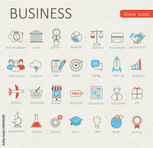 Set of 28 flat lianer icons, for web, internet, mobile apps, interface design: business, finance, e-commerce, science, start up.