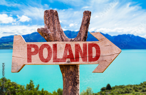 Poland wooden sign with lake background
