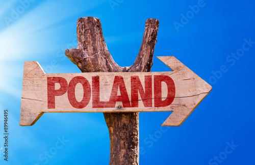 Poland wooden sign with sky background