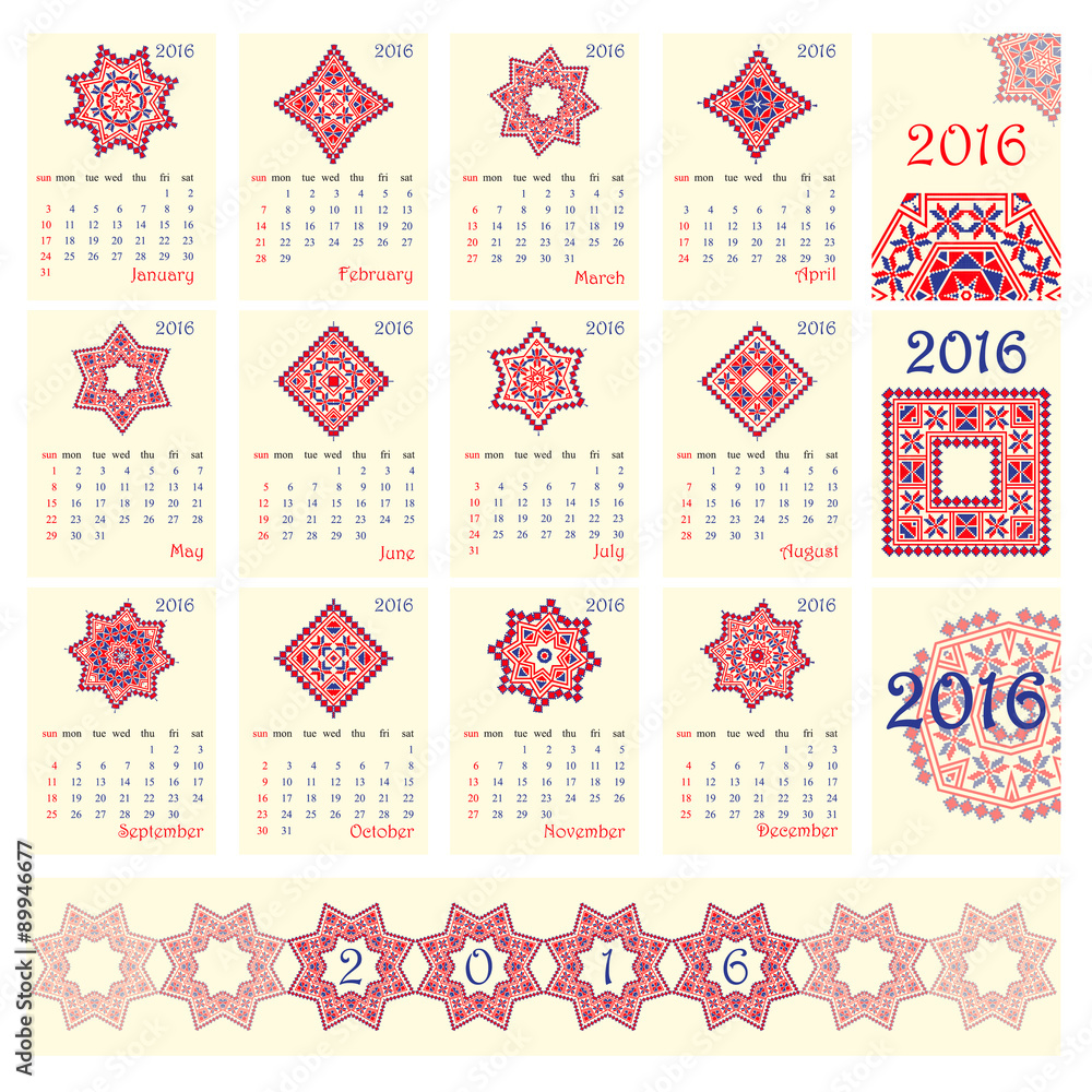Fototapeta premium 2016 Calendar with ethnic round ornament pattern in white red blue colors