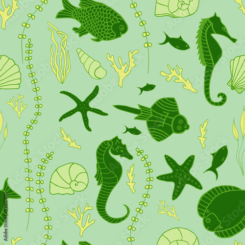 Seamless pattern with hand drawn fishes