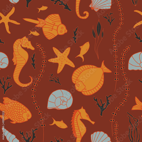Seamless pattern with hand drawn fishes