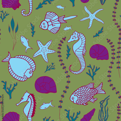 Seamless pattern with hand drawn fishes