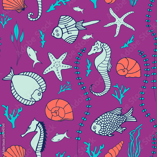 Seamless pattern with hand drawn fishes