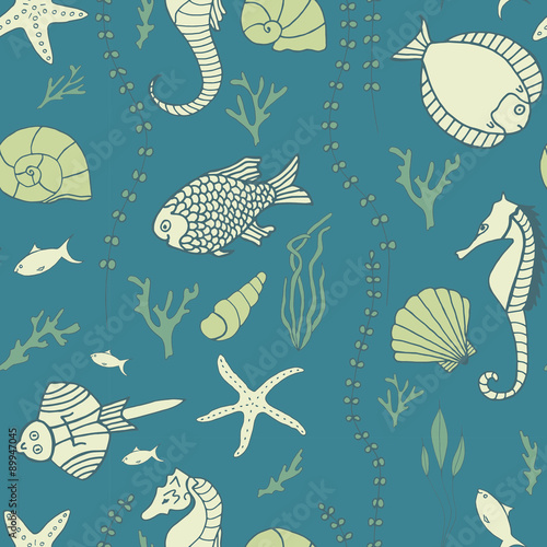Seamless pattern with hand drawn fishes