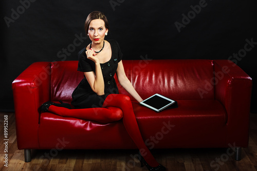 Fashion woman retro style with tablet