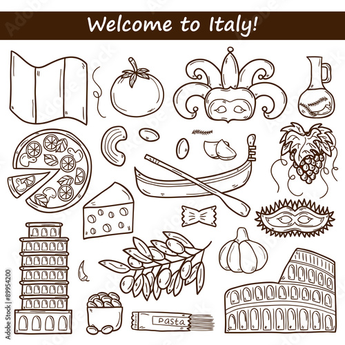 Set of cartoon objects in hand drawn outline style on Italy