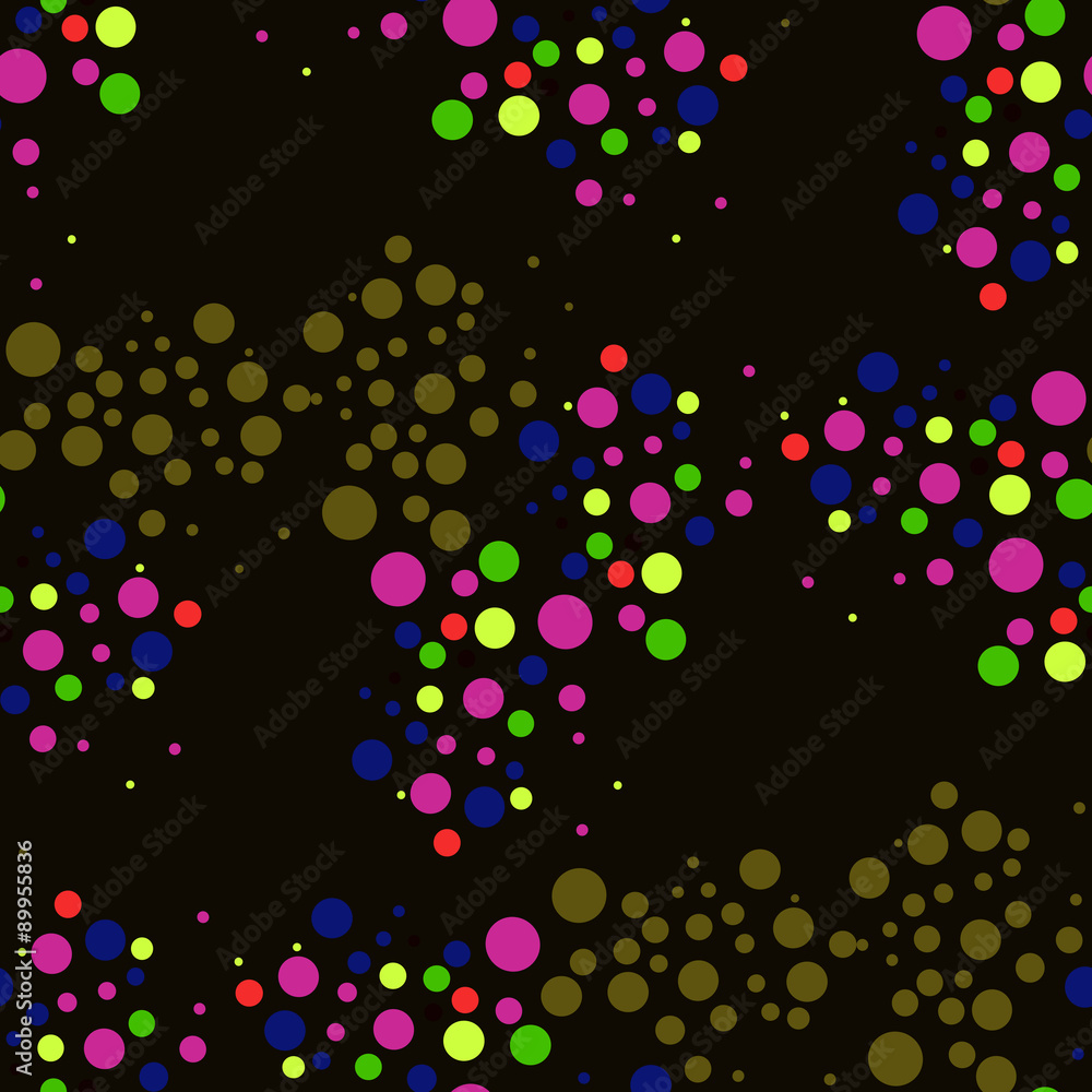 Multicolored circles on a black background. Seamless.