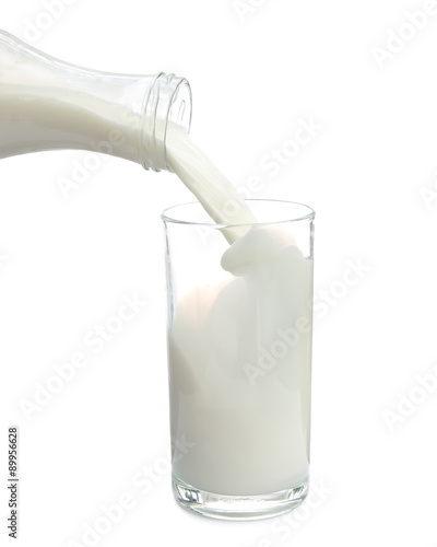 Pouring milk from bottle into glass on white background.