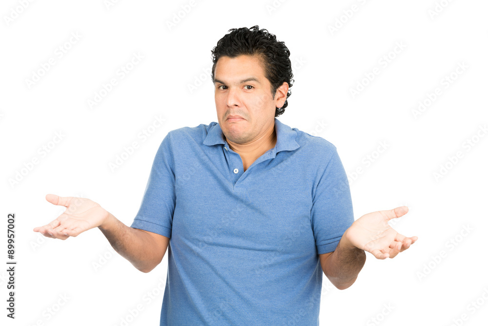 Not Sure Latino Man Shoulders Shrugging Hands Up Not Sure Latino Man Shoulders Shrugging Hands Up