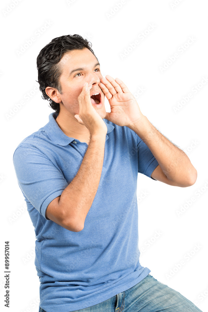 Profile Shouting Hispanic Male Cupping Hands V Profile Shouting Hispanic Male Cupping Hands V