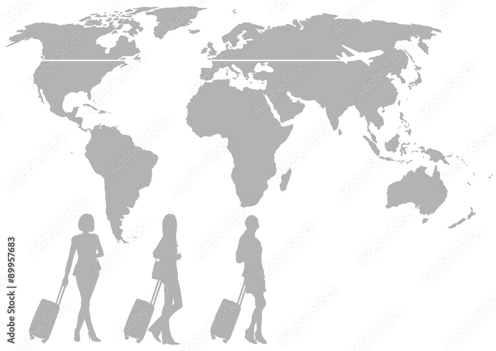 旅行イメージのイラスト 飛行機と女性と世界地図のシルエットイラスト Stock Vector Adobe Stock